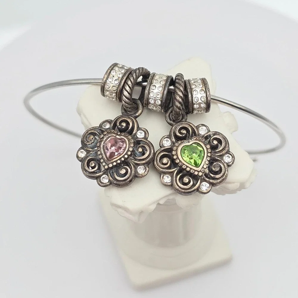 BRIGHTON Expandable Charm Bracelet Pink Green Crystals Ornate Silver Plate 8